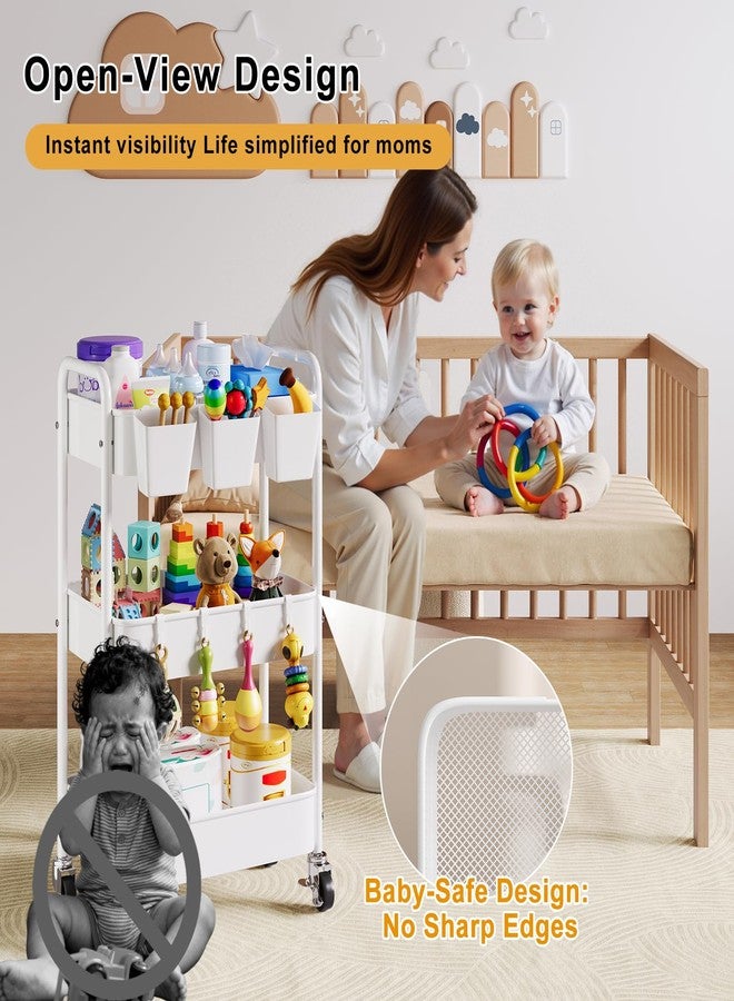 Aofure Diaper Cart Organizer with Wheels, Baby Girl Newborn Essentials Must Haves, 3 Tier Rolling Bedside Cart for Nursery Stuff, Baby Organizers and Storage Diaper Caddy Carts for Changing Table, White - Image 3